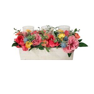 Floral Centerpiece With Glass Candle Holders In Wooden Box Centerpiece